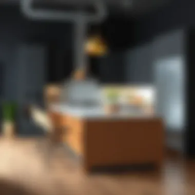 Optimal Layout with Prefab Kitchen Island A detailed layout of a kitchen with an optimal prefab island placement