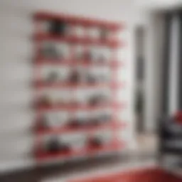 Stylish red steel shelving in a modern living room