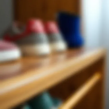 Close-up of wood texture on shoe rack surface