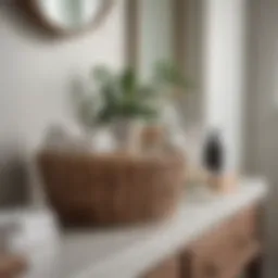 Elegant small woven basket on a bathroom countertop filled with toiletries.