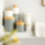 Elegant bathroom storage containers arranged neatly on a shelf