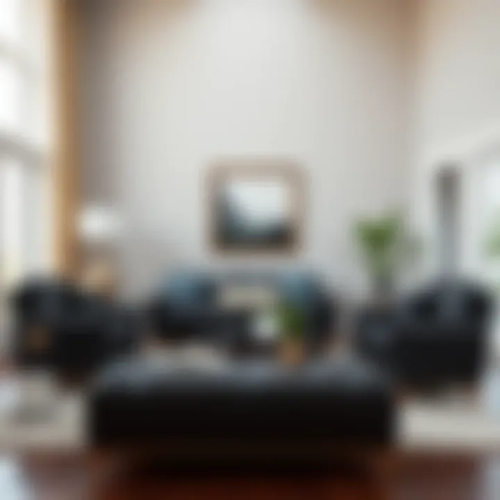 Stylish arrangement of a black leather sofa, chair, and ottoman in contemporary interior