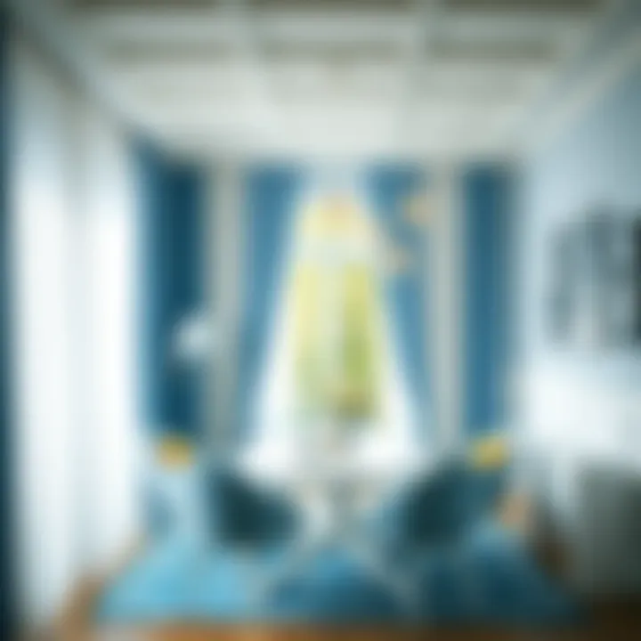 A bright and airy dining space featuring blue and white curtains