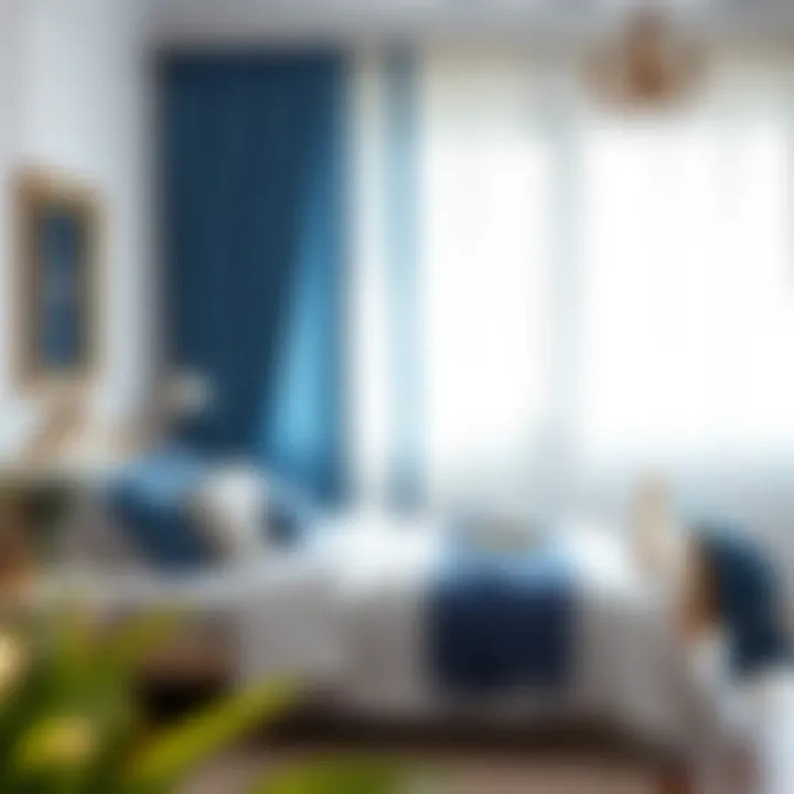 Charming bedroom showcasing blue and white drapes against soft decor