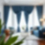 Elegant blue and white curtains draping in a sophisticated living room