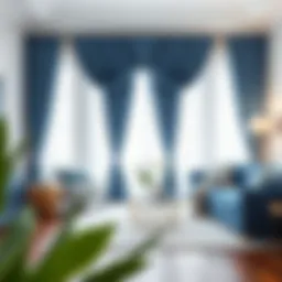 Elegant blue and white curtains draping in a sophisticated living room
