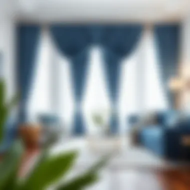 Elegant blue and white curtains draping in a sophisticated living room