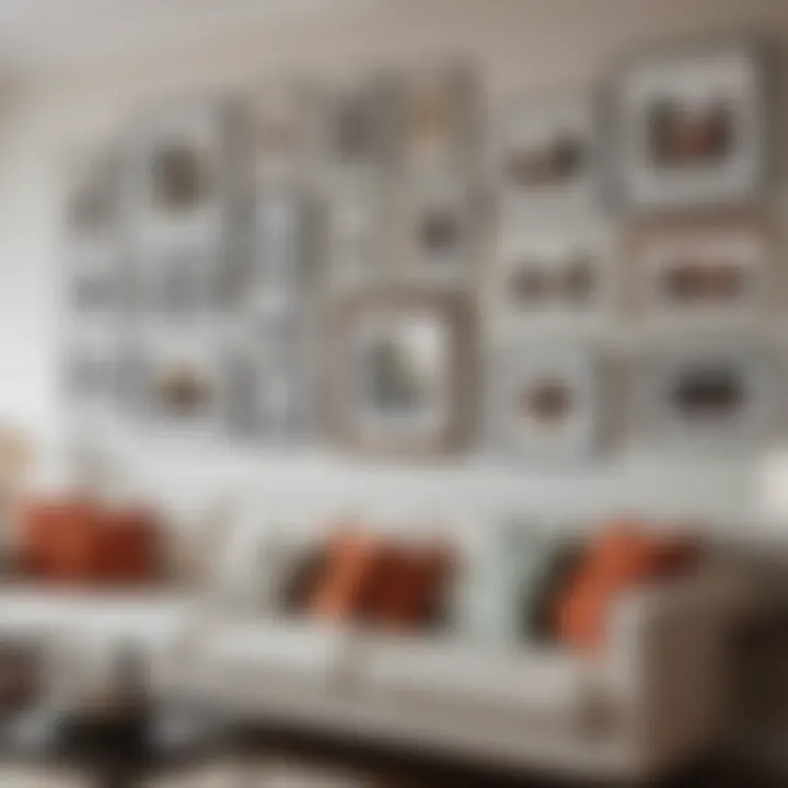 A well-lit living room featuring a gallery wall with various artworks