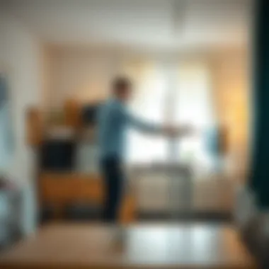A person using a standing desk in a bright, airy workspace