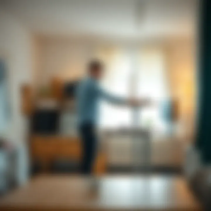 A person using a standing desk in a bright, airy workspace