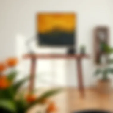 An elegant standing desk made of walnut wood with minimalist design