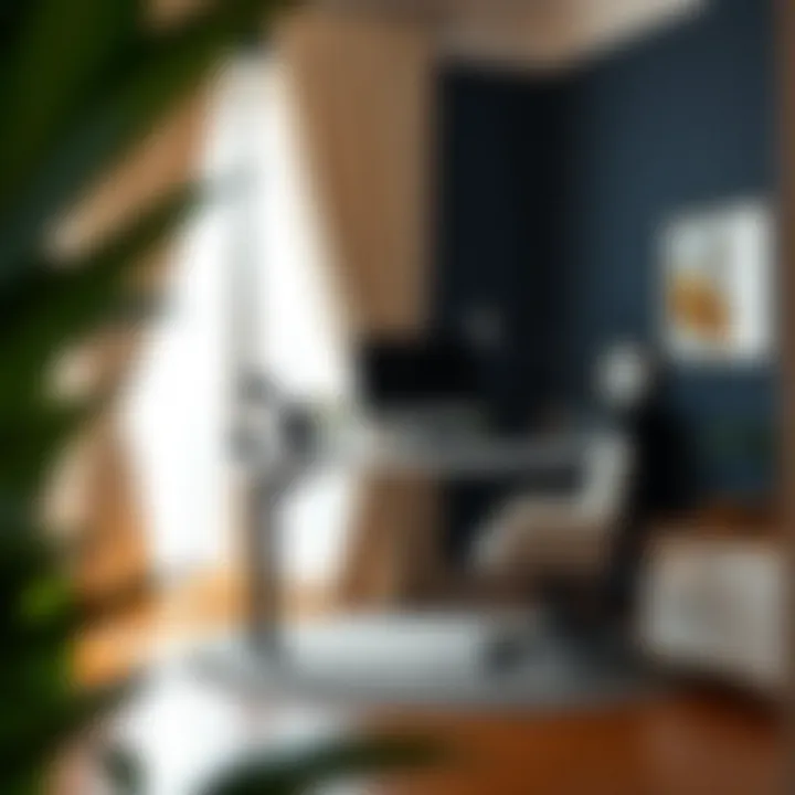 A stylish home office featuring a standing desk with modern decor