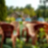 An elegant arrangement of brown plastic outdoor chairs in a serene garden setting.