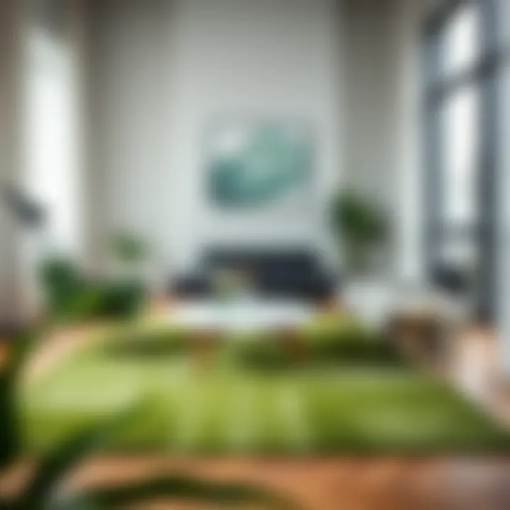Green throw rug paired with contemporary furniture