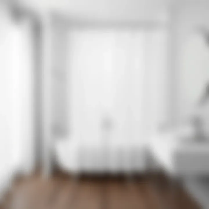 White shower curtain complementing minimalist bathroom aesthetics