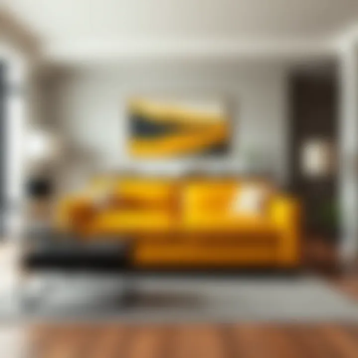 Chic yellow leather loveseat in a contemporary living room