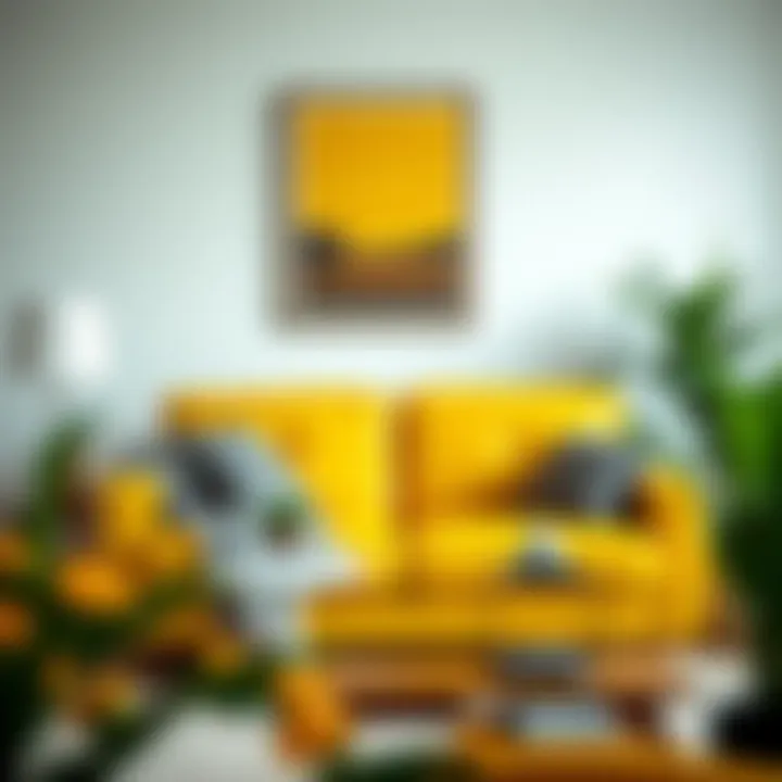 Stylish arrangement featuring yellow leather loveseat and complementary décor