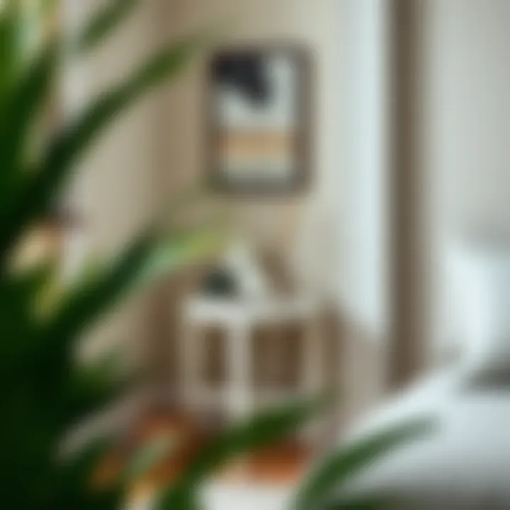 A serene corner featuring a small off-white end table with decorative elements