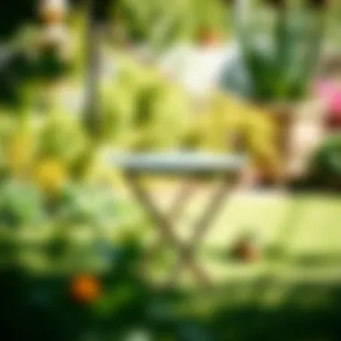 Elegant folding side table in a garden setting