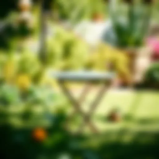 Elegant folding side table in a garden setting