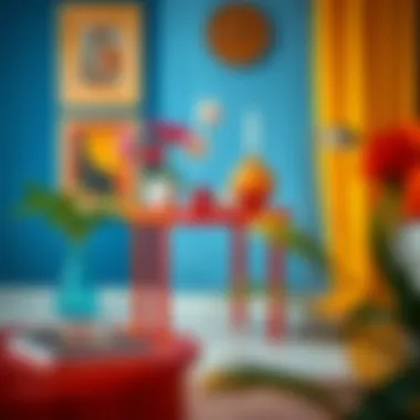 Vibrant Harmony: Red Accent Table in Decor Colorful arrangement featuring a red accent table and decor elements