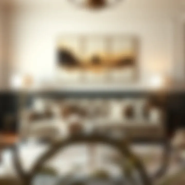 Elegant Sofa with Three-Piece Art Arrangement Elegant arrangement of a three-piece painting above a stylish sofa.