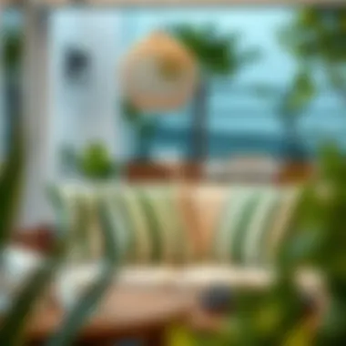 Trendy patio decor featuring green and white striped cushions