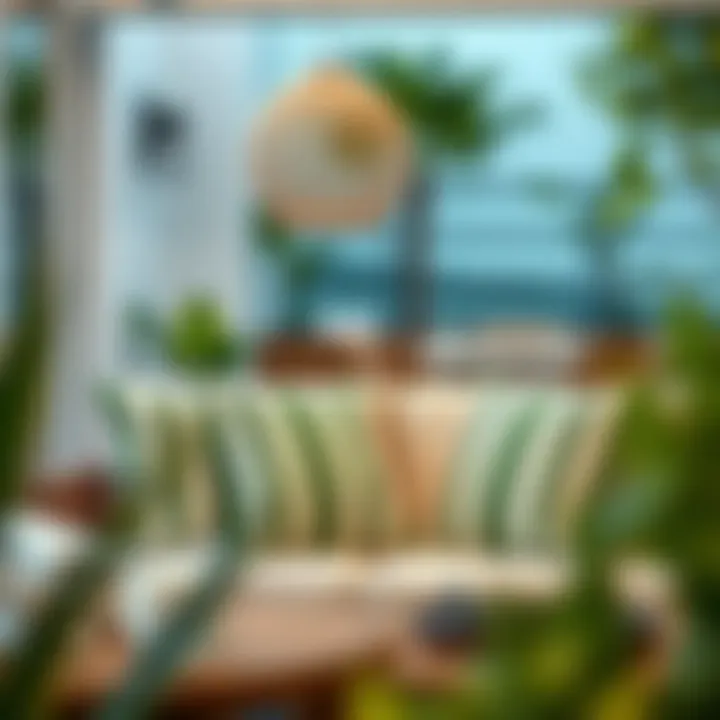 Trendy patio decor featuring green and white striped cushions